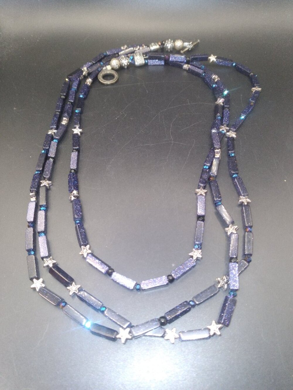 Galaxy Purple,Blue Sandstone Beads AB Blue Crystal triple strand Necklace Stars
